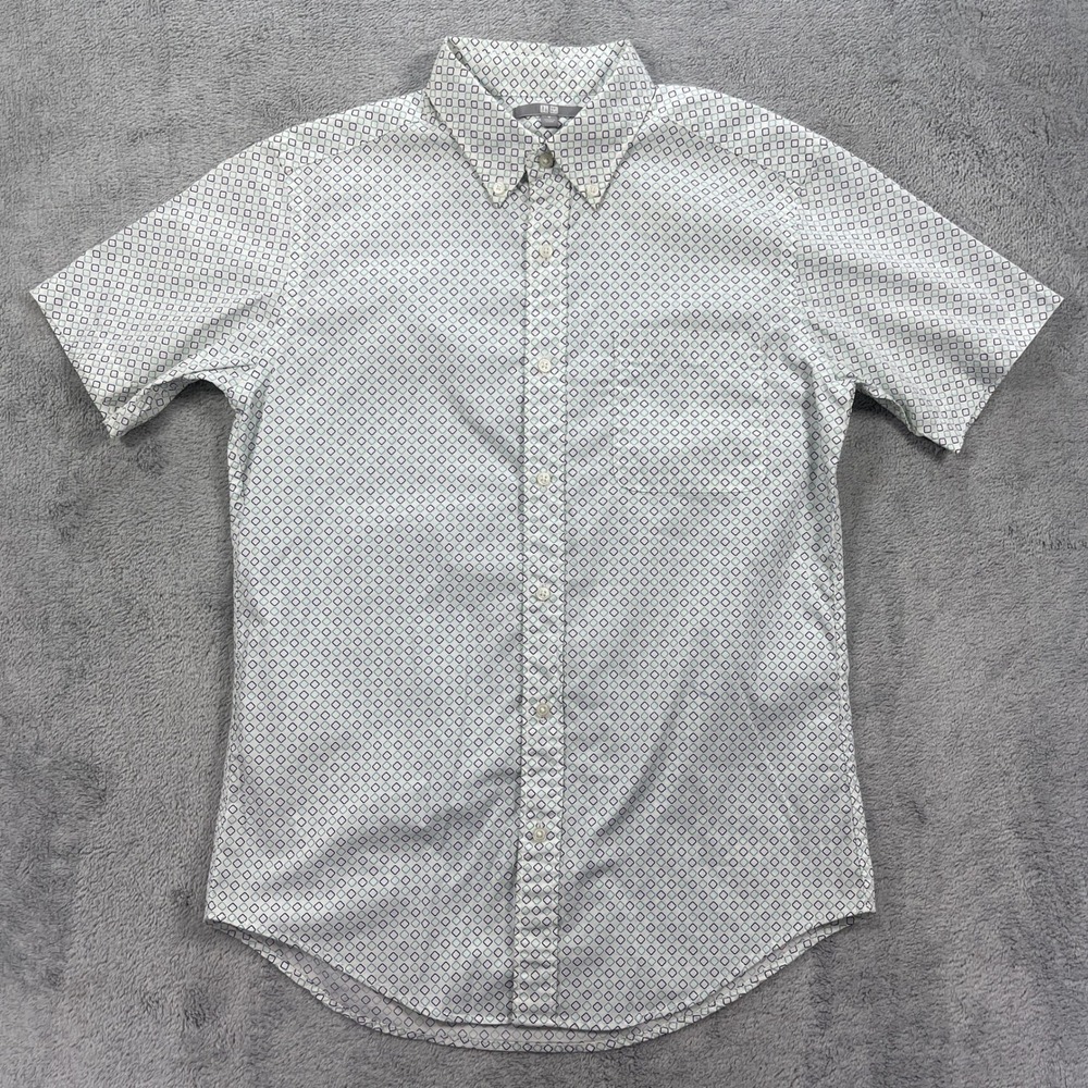 Uniqlo Button Up Shirt Men M White Geometric Short Sleeve Cotton Casual
